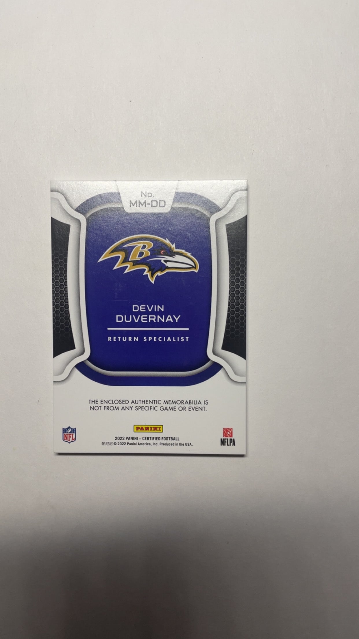 Devin Devernay 2022 Panini Certified Baltimore Ravens Jersey Patch Relic
