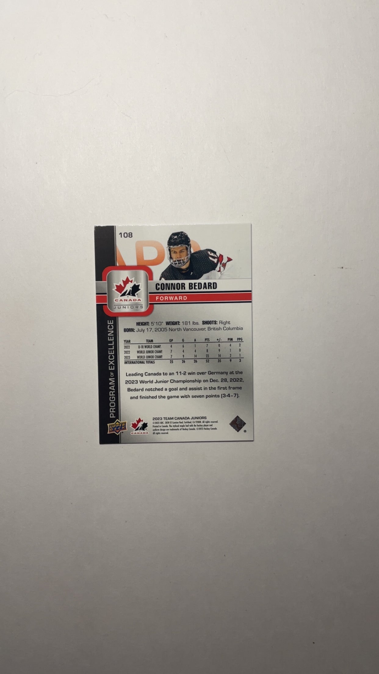 Program Of Excellence 2023 Team Canada World Juniors Connor Bédard 108