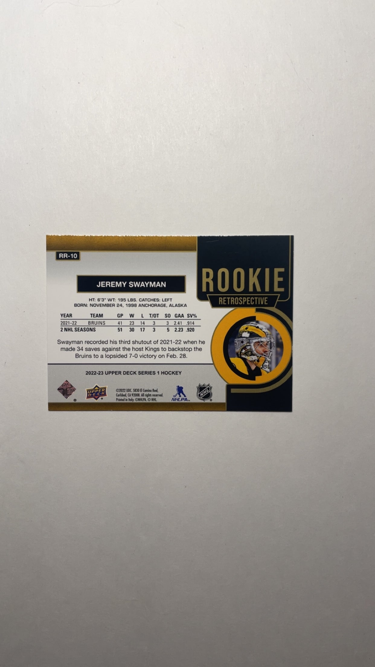 Rookie Retrospective 2022-23 Upper Deck Jeremy Swayman RR-10