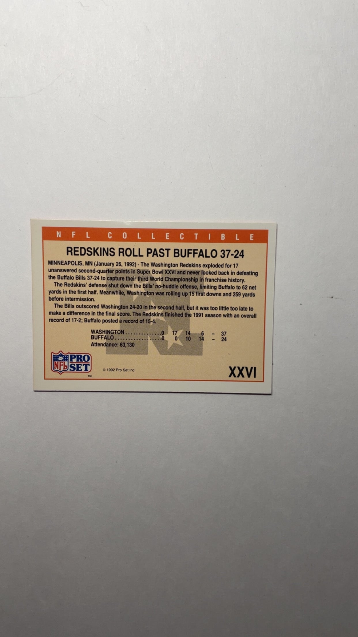 1989 Pro Set Super Bowl Logos #XXVI Super Bowl XXVI NFL Football Redskins Vs Bills.