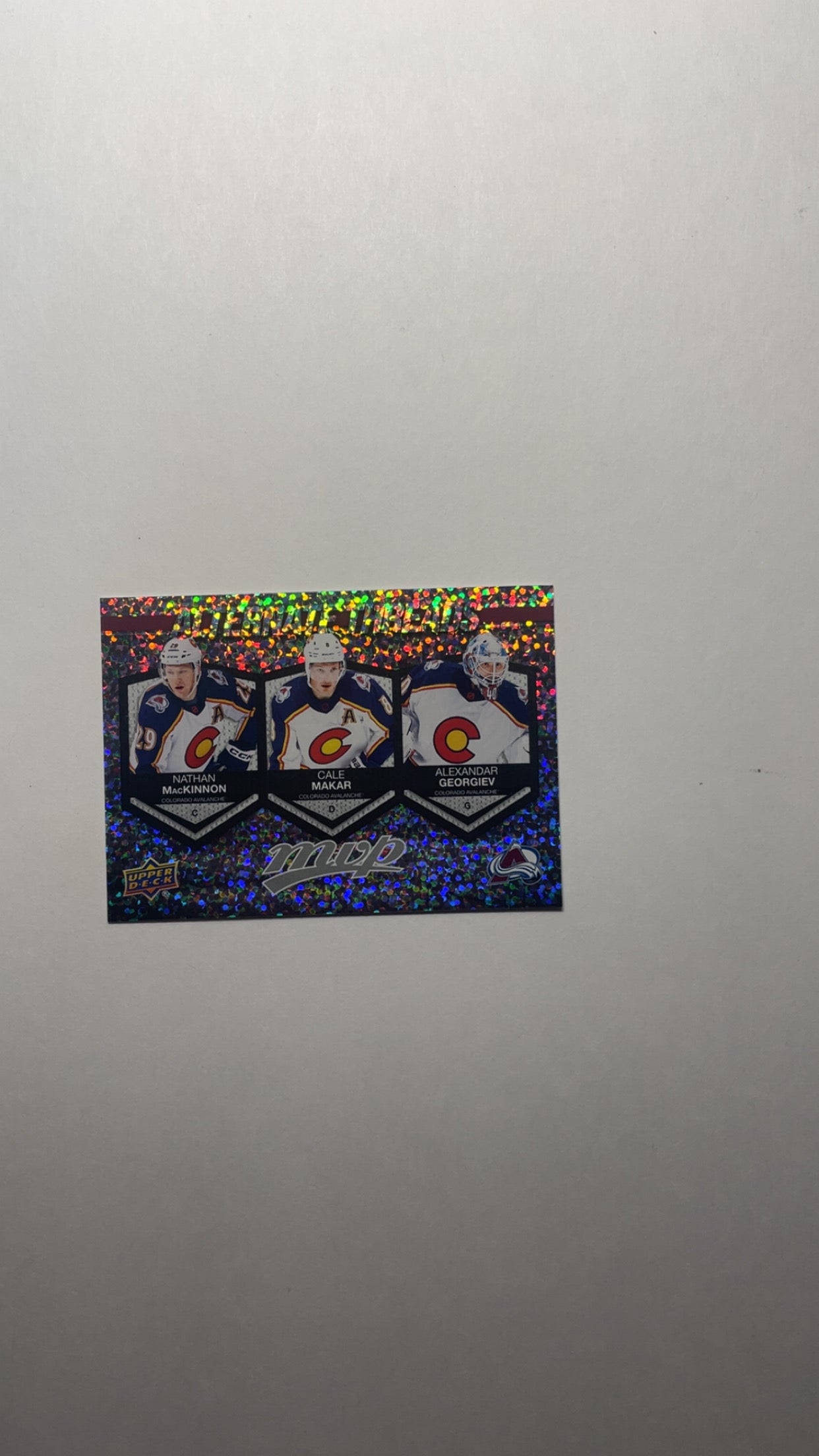 Alternate Threads 2023-24 MVP Upper Deck Hockey Colorado Avalanche Cale Makar Nathan MacKinnon and Alexander Georgiev
