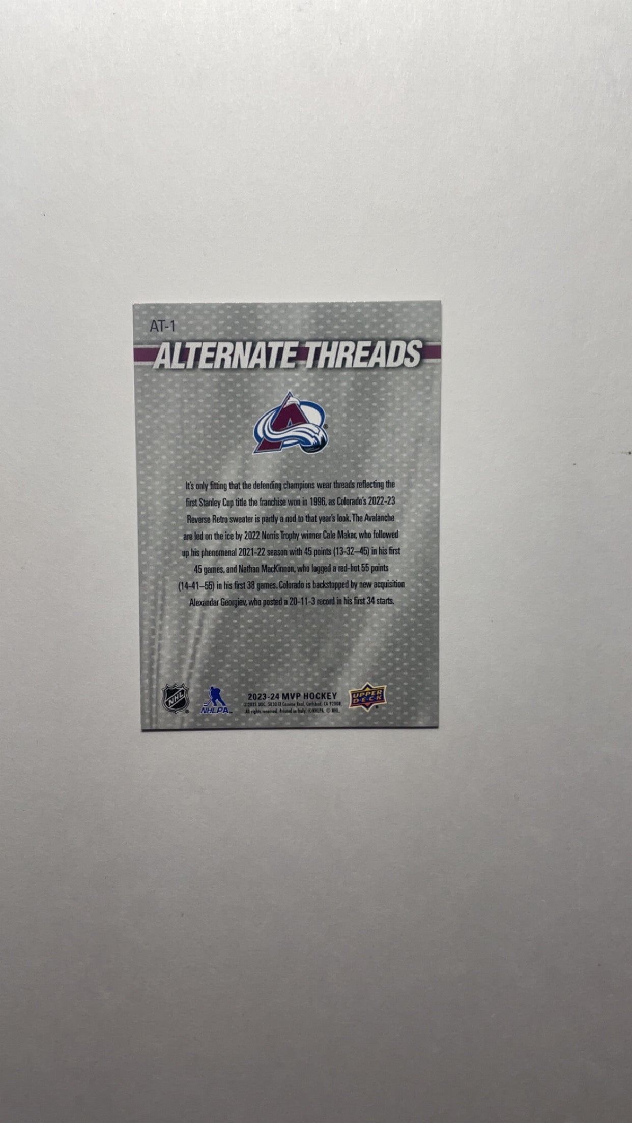 Alternate Threads 2023-24 MVP Upper Deck Hockey Colorado Avalanche Cale Makar Nathan MacKinnon and Alexander Georgiev