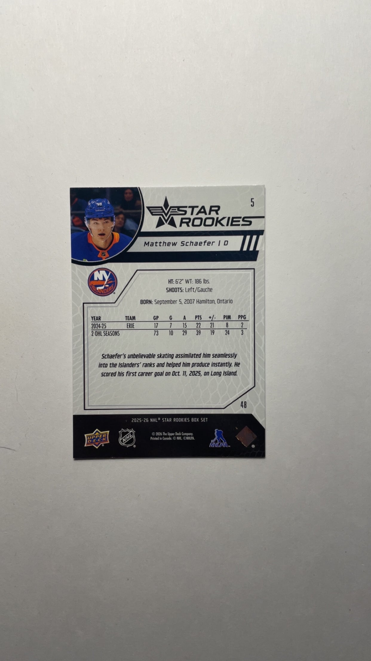 Star Rookies Matthew Schaefer No. 5